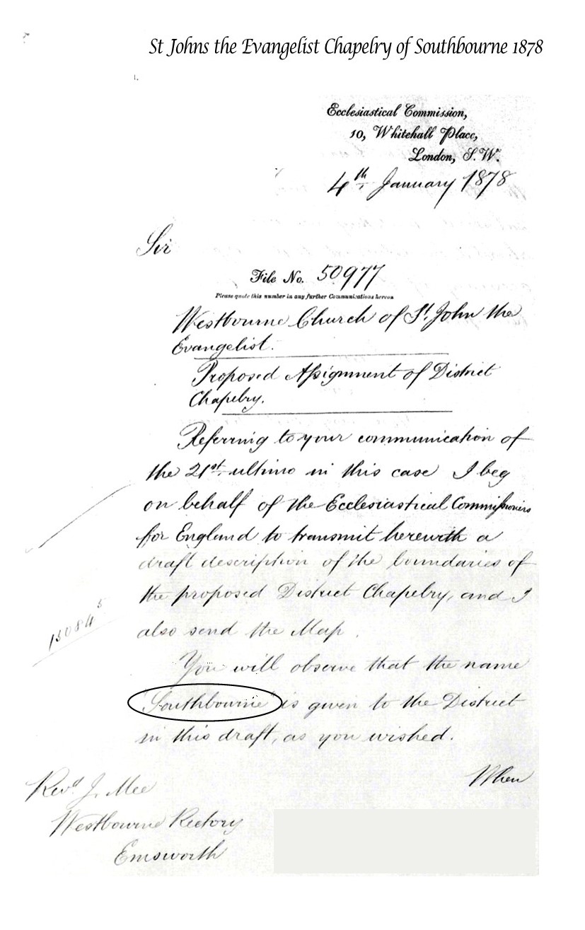 Document showing the creation of the Chapelry of Southbourne 1878 