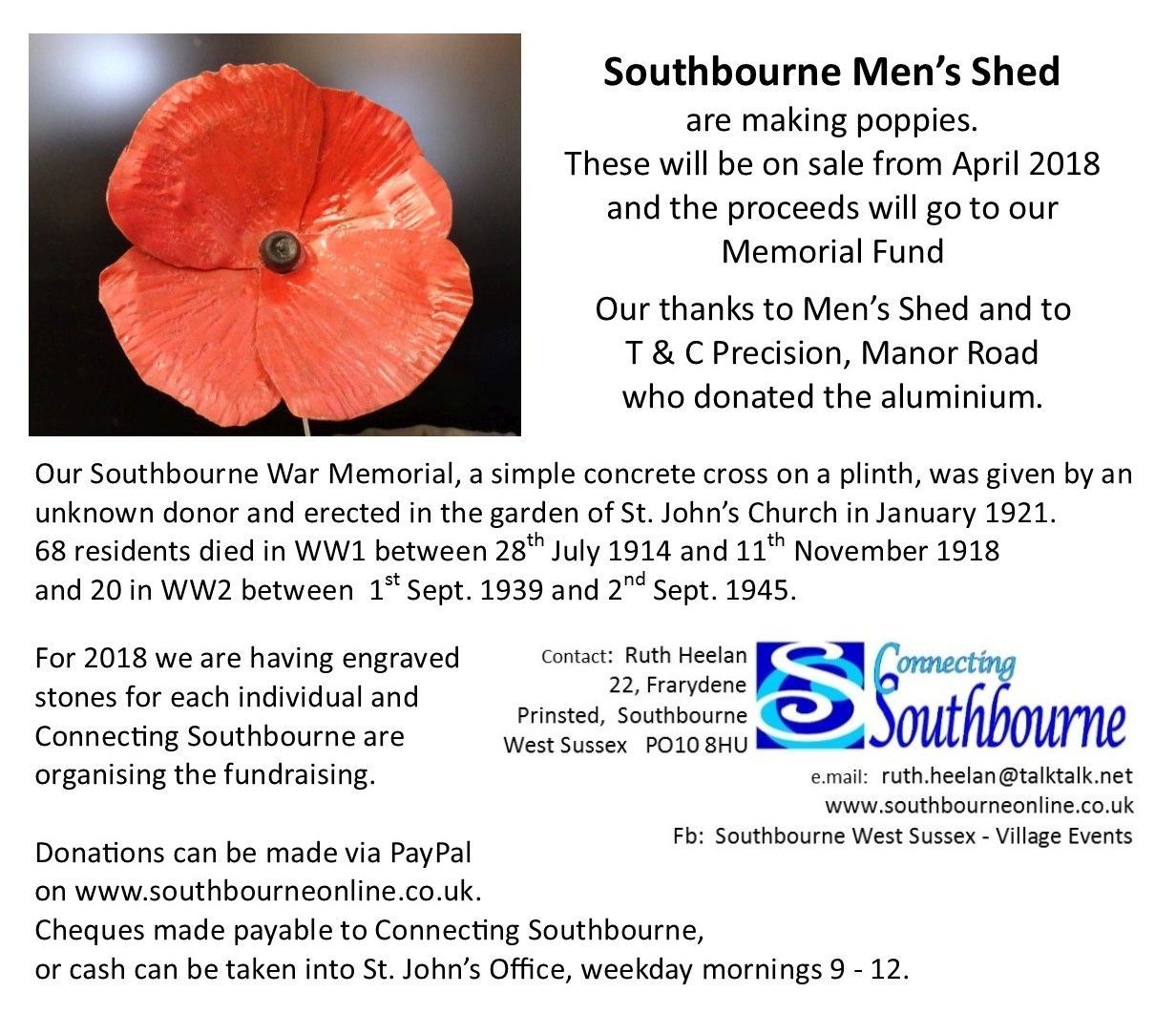 postcard for the poppies made by Men's Shed, fundraising for the named stones. 